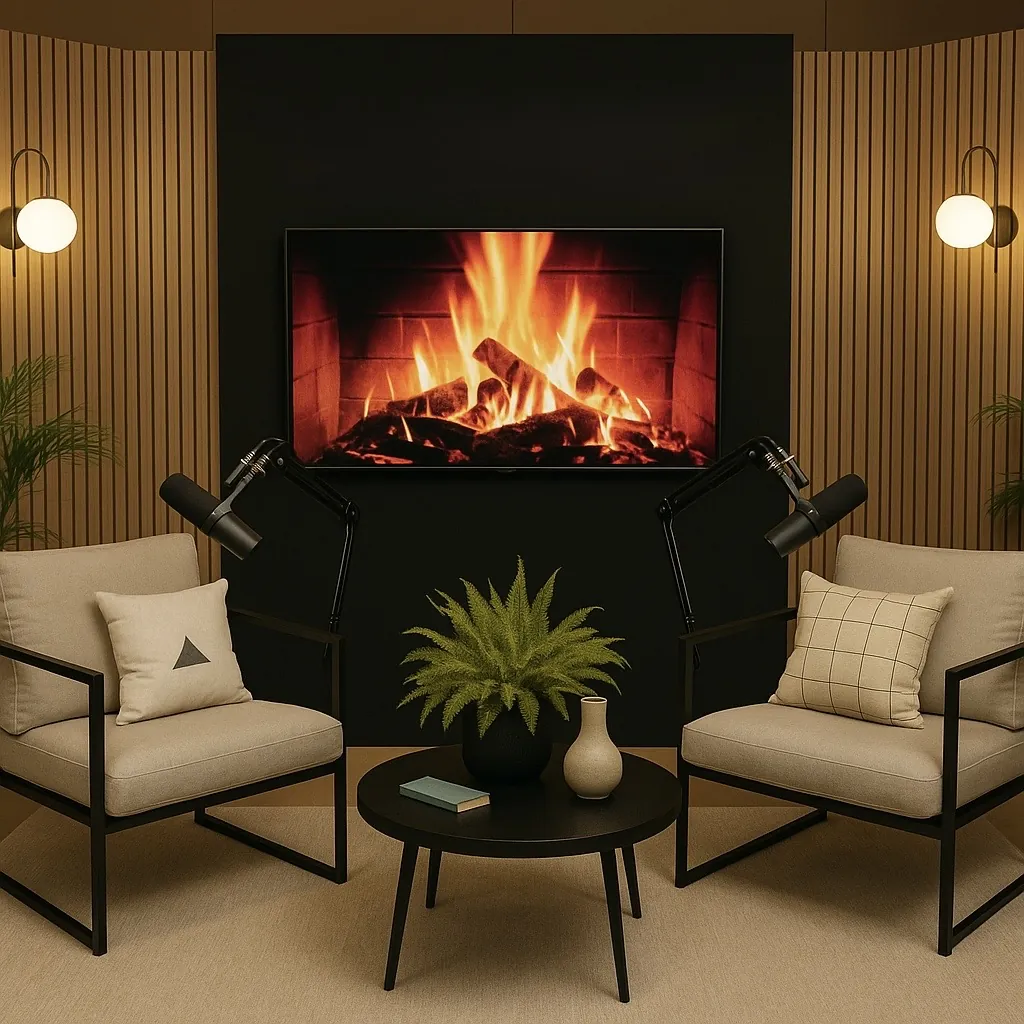 Two armchairs by the fireplace screen in The Lounge, at our podcast studio in London