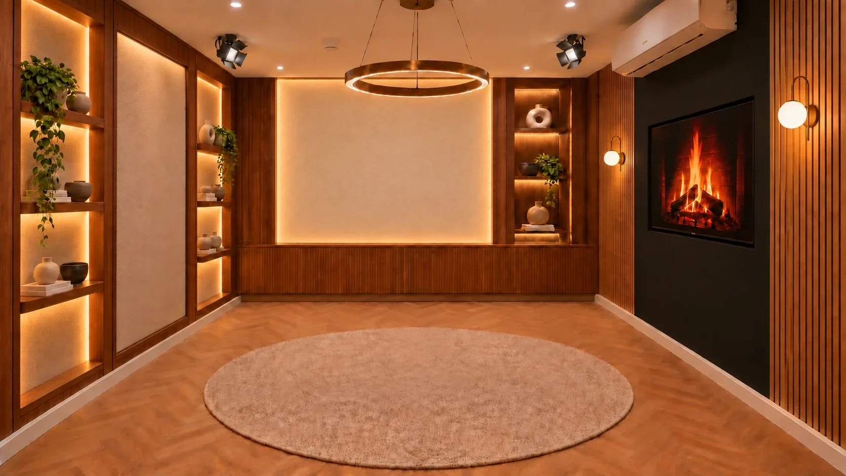The Lounge podcast studio in London, showing its three backdrops: The Gallery, The Halo and The Hearth