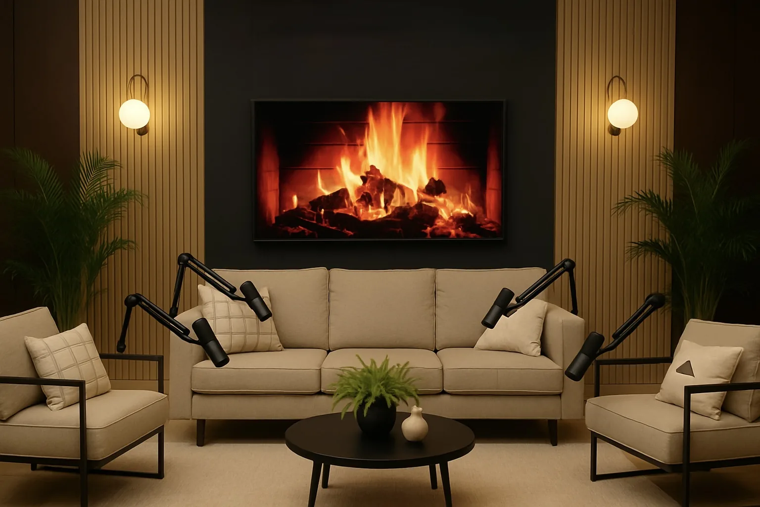 The Lounge podcast studio set for five: three on the sofa and two in armchairs