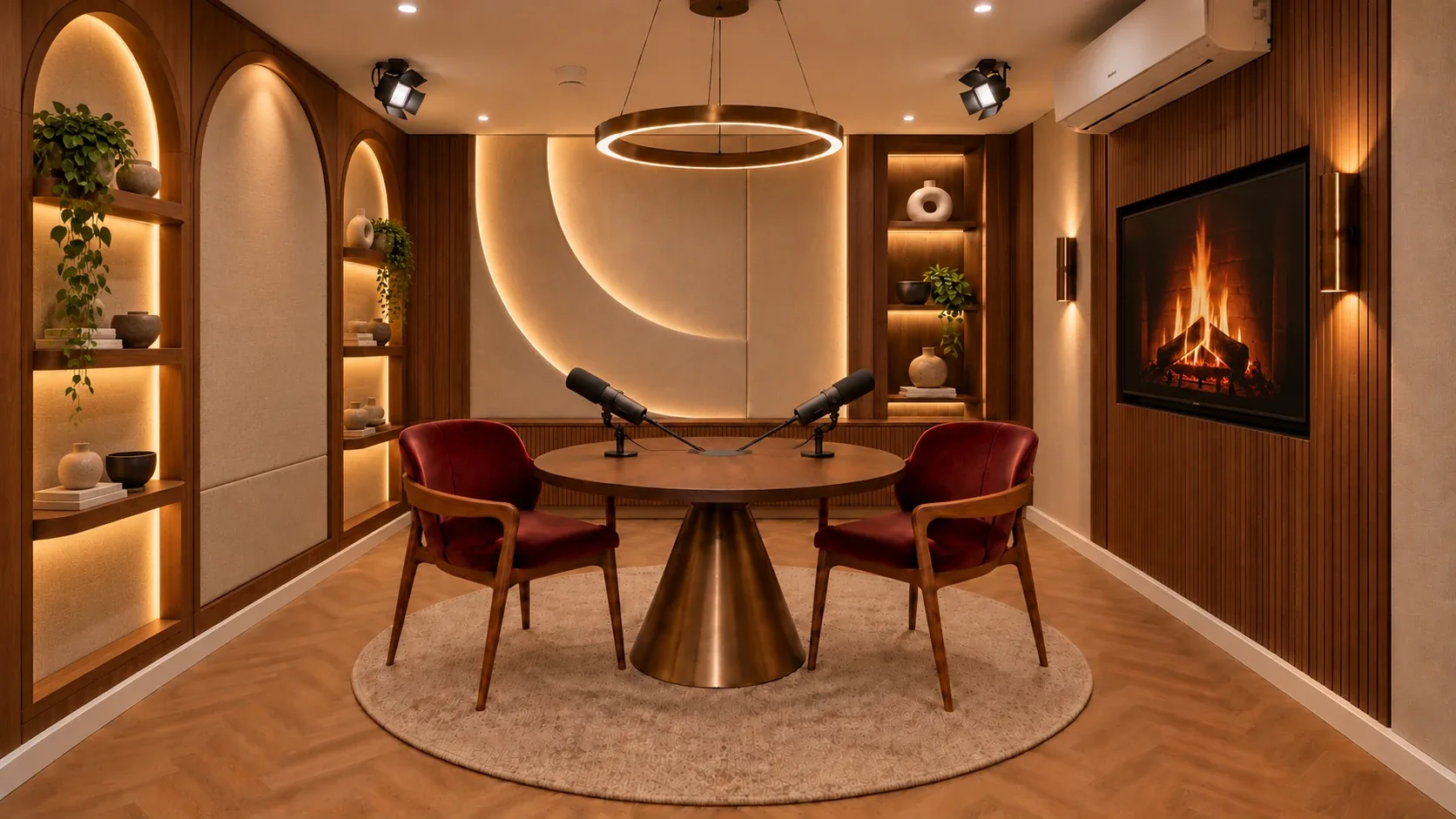 The Lounge podcast studio set for two: a compact round table with two facing chairs and two microphones