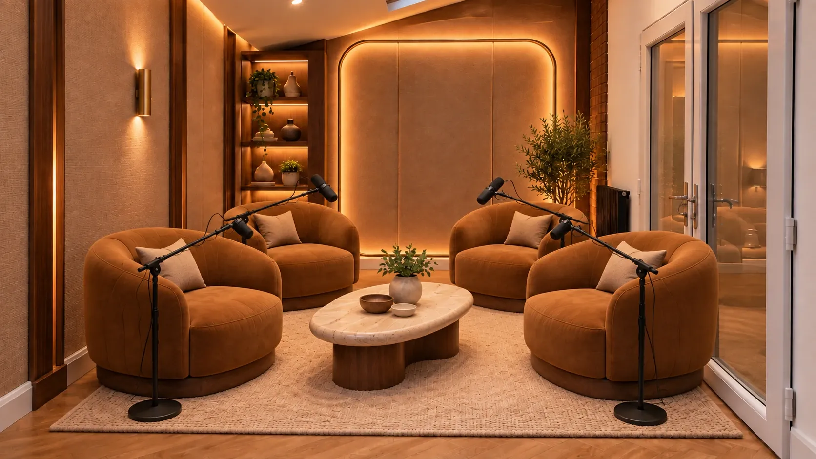 The Wooden O podcast studio set for four: four velvet armchairs around a travertine coffee table, each with a boom-arm microphone