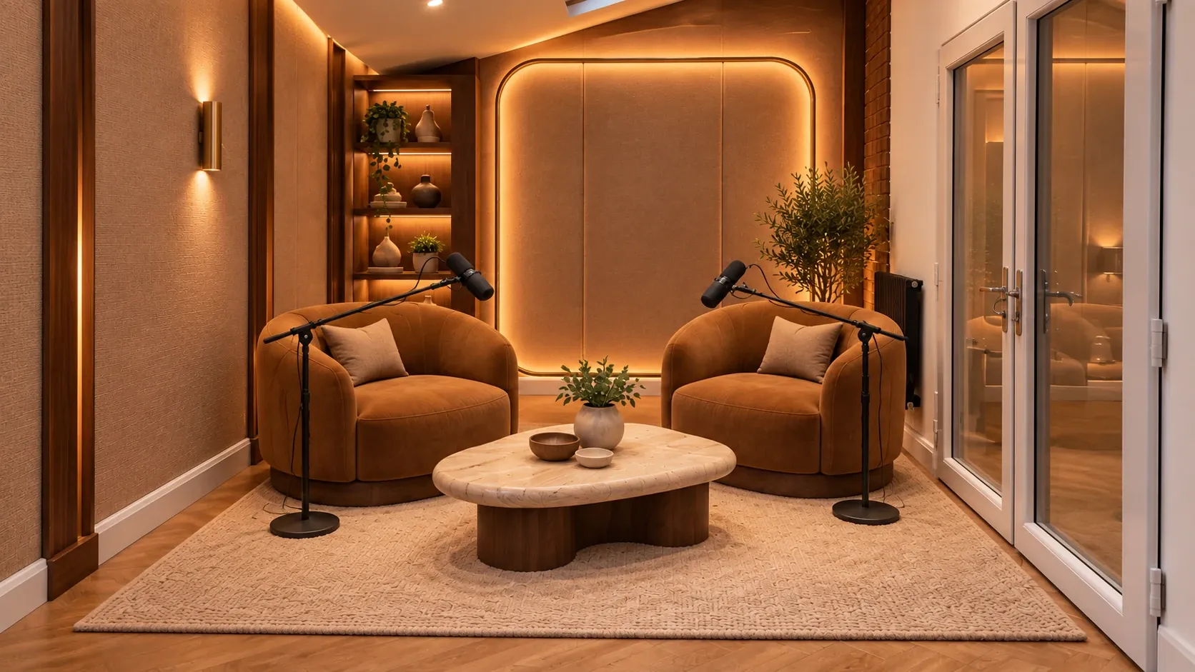 The Wooden O podcast studio set for two: two velvet armchairs facing across a travertine coffee table, each with a boom-arm microphone